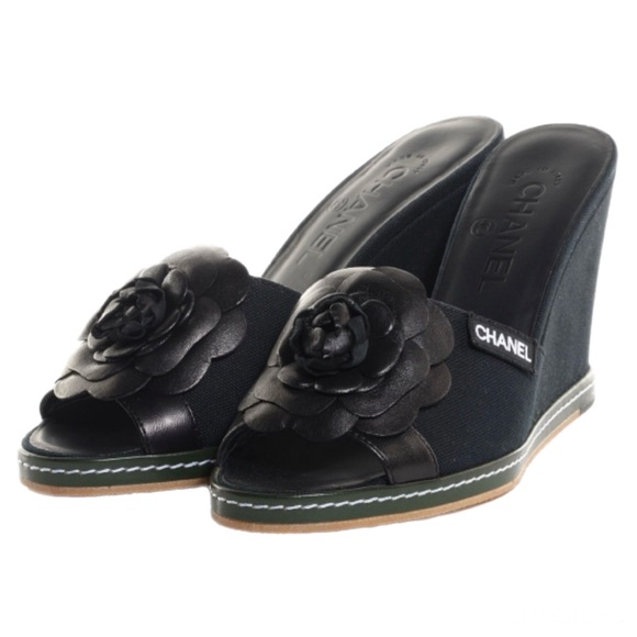 CHANEL Canvas & Leather Camellia Slide On Platform Wedge Sandals Black 36.5 EU - Picture 3 of 11